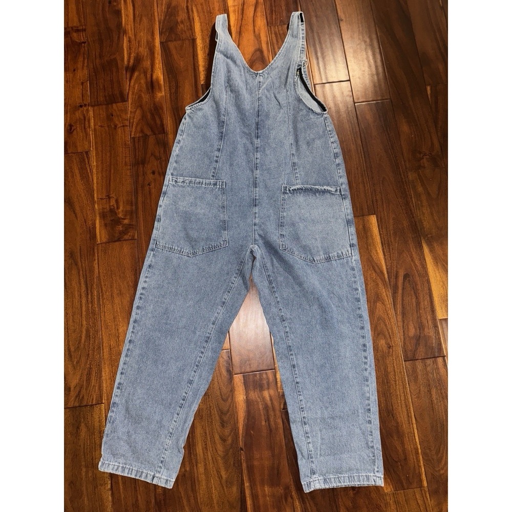 Womens Denim Overalls Light Wash Square Neck‎ Pockets Relaxed Fit - Picture 7 of 9